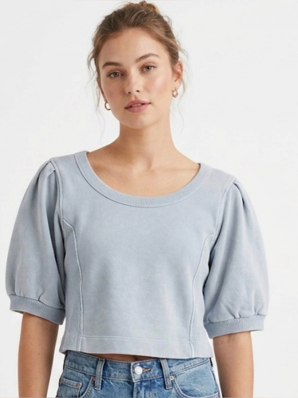 Aerie Azure Blue Puff Sleeve Cropped Sweatshirt Ribbed Side Panels Active Small